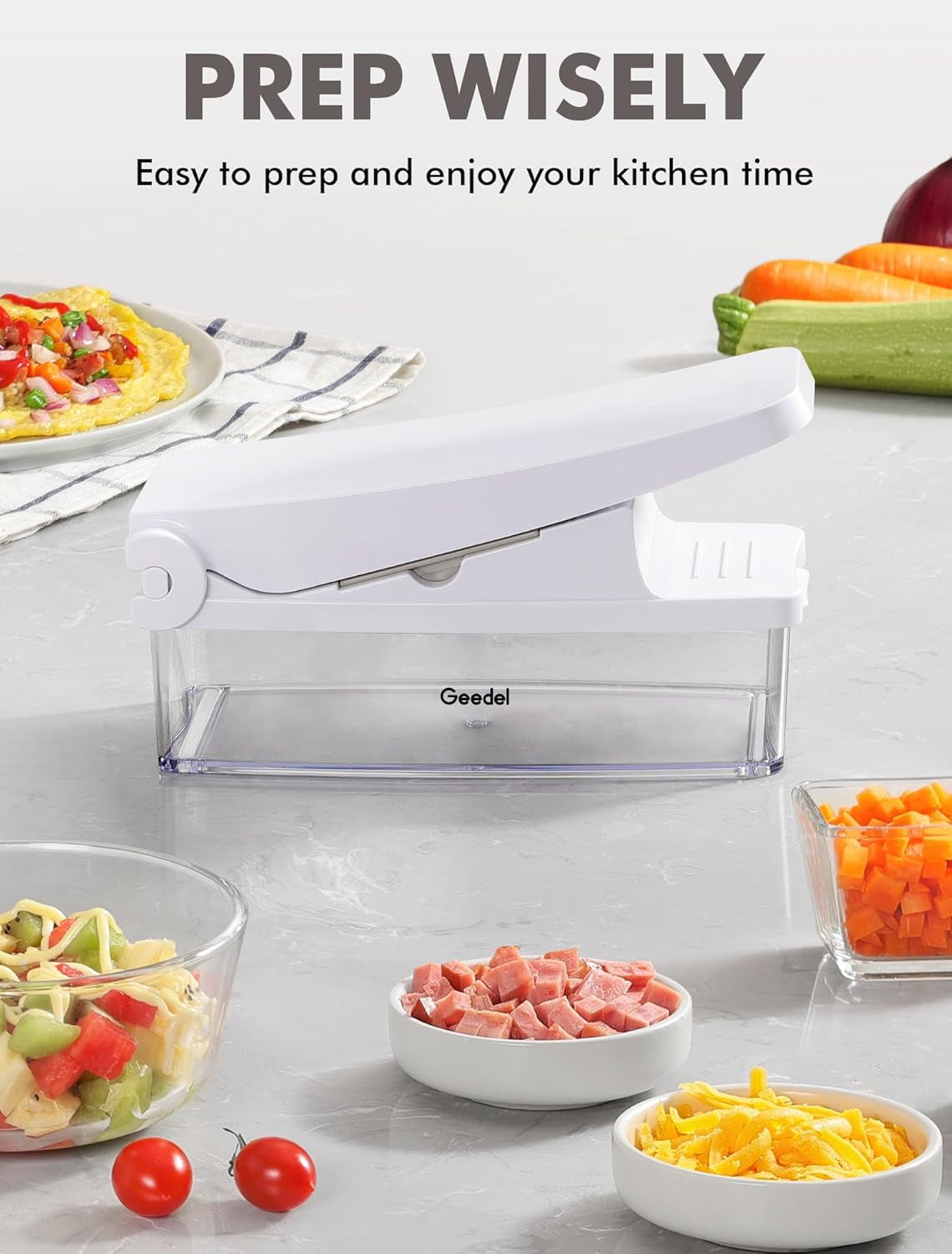 4-in-1 Vegetable Chopper Pro - Onion Dicer & Kitchen Slicer with 1.2L Container, Stainless Steel Manual Food Cutter for Salad, Potato & Carrot, BPA-Free, White