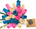 2 Dozen Gender Reveal Wooden Roses - Pink, Blue & White Closed Bud Bouquet, Everlasting Artificial Flowers for Baby Shower Decor & Centerpieces, Hand-Assembled