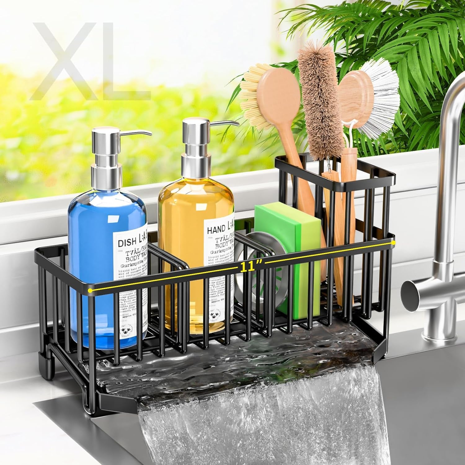 Extra Large 11” Sink Caddy with Drain Tray, Non-Slip Kitchen Sink Organizer with Adjustable Dividers & Tall Brush Holder, Rustproof Sponge & Soap Storage