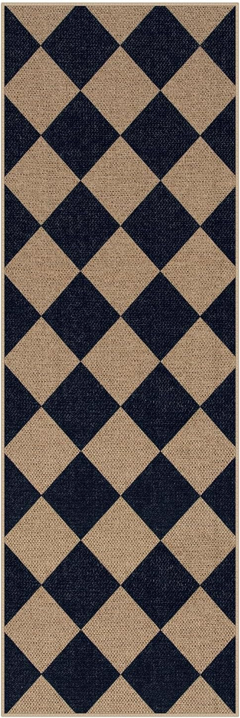 Checkered 2x6 Runner Rug - Washable Black Checkerboard Kitchen Mat, Non-Slip Indoor Outdoor Hallway Carpet, Low Pile Entryway Rug for Laundry & Mudroom