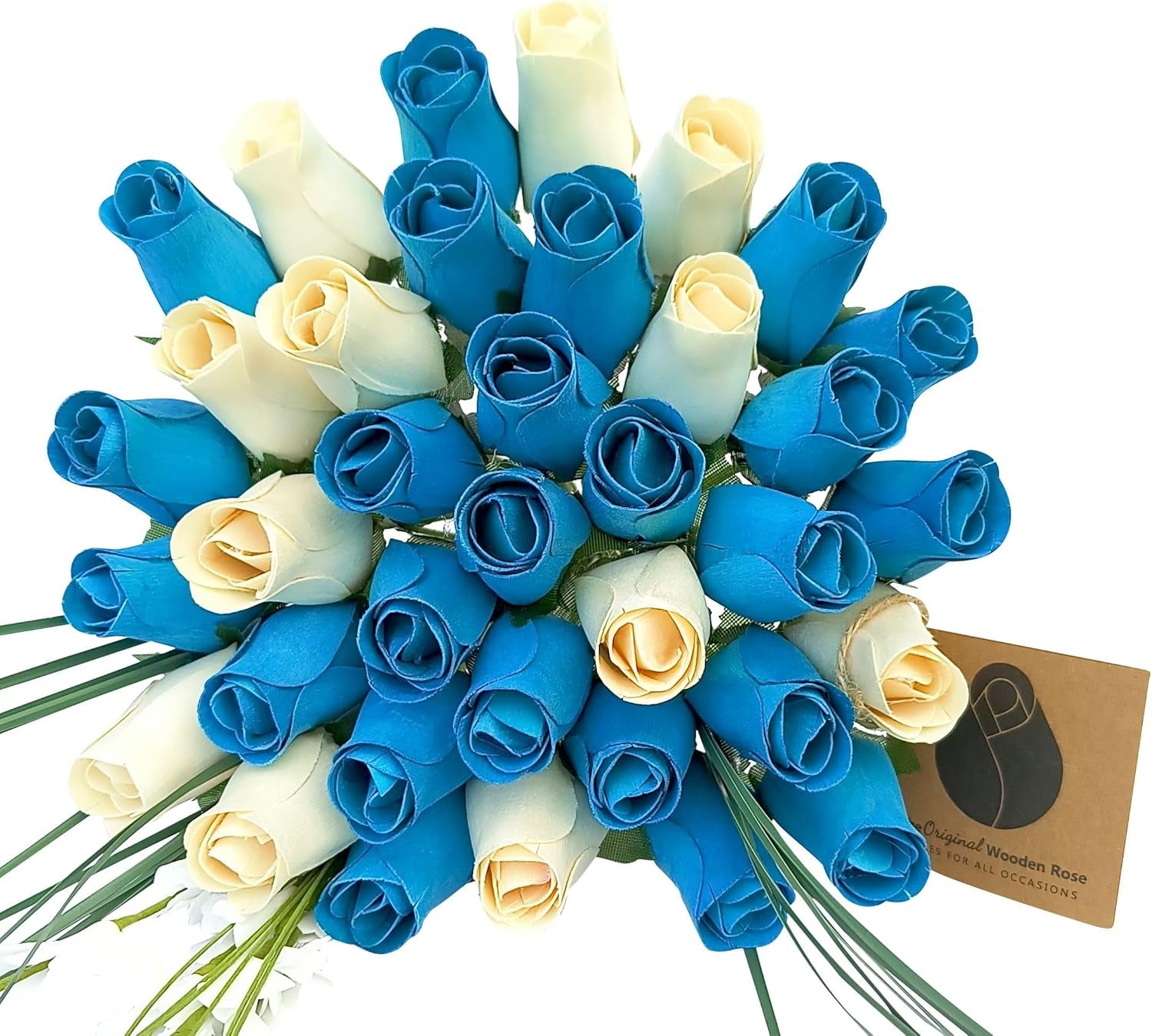 2 Dozen Gender Reveal Wooden Roses - Pink, Blue & White Closed Bud Bouquet, Everlasting Artificial Flowers for Baby Shower Decor & Centerpieces, Hand-Assembled