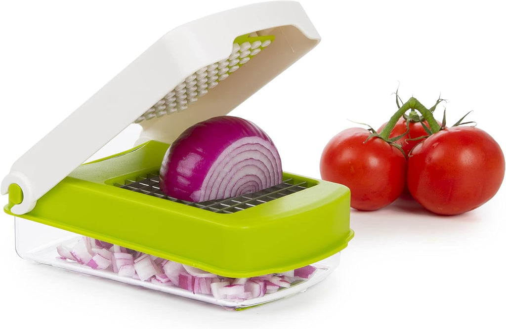 PrepWorks Compact Veggie Chopper - Manual Vegetable Dicer with Stainless Steel Blades, 2-Cup Measuring Container & Non-Skid Base, BPA-Free Kitchen Slicer, Green
