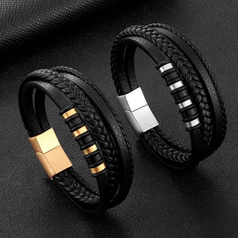 Men’s Classic Multilayer Leather Bracelet – Stylish Braided Wristband with Metal Magnetic Clasp | Fashion Accessory & Gift for Modern Gentlemen