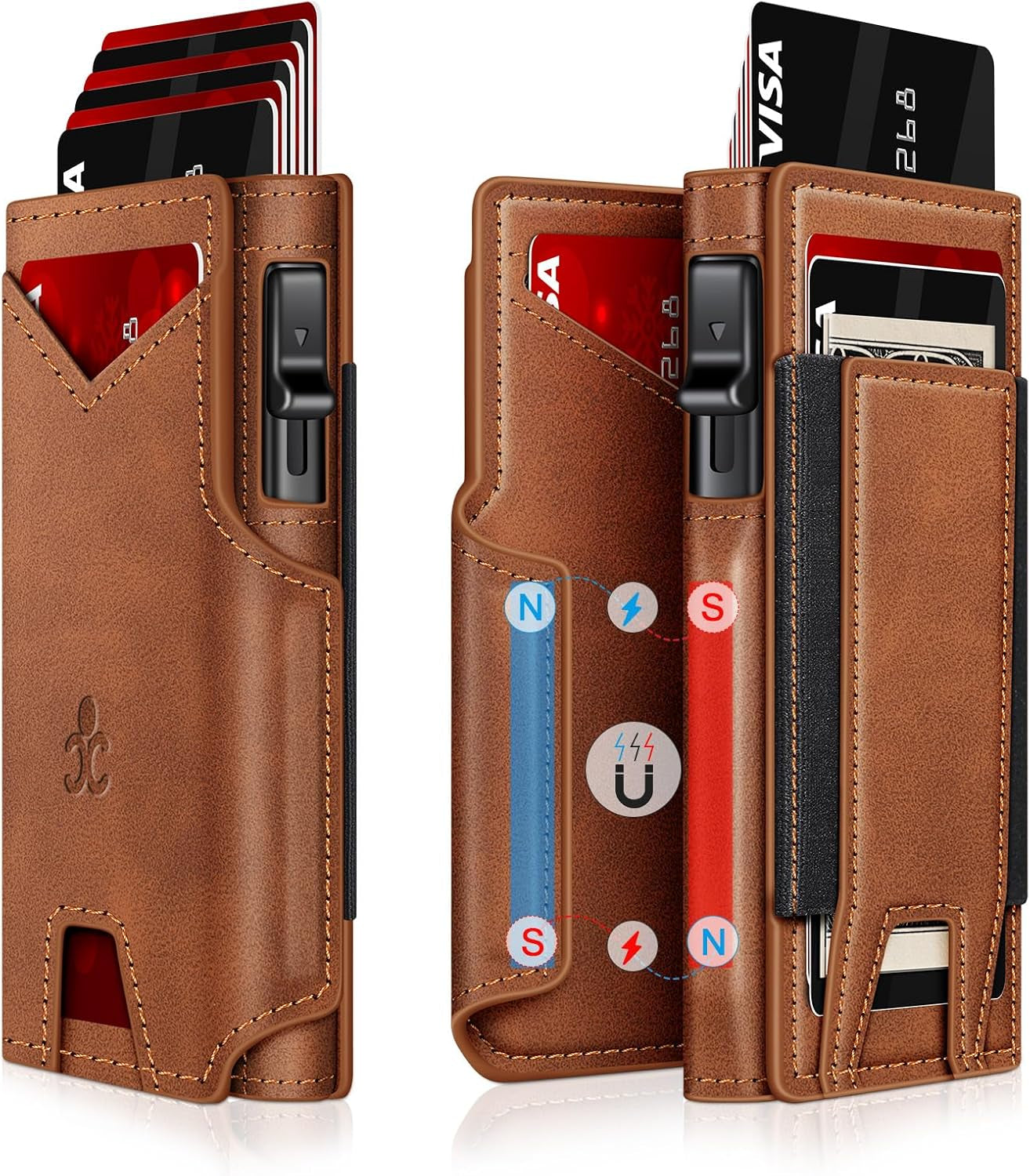 Men’s Slim Pop Up Wallet - RFID Blocking Minimalist Smart Wallet with ID Window, Metal Card Holder Case for 9-13 Cards, Expandable Cash Slot & Magnetic Bifold