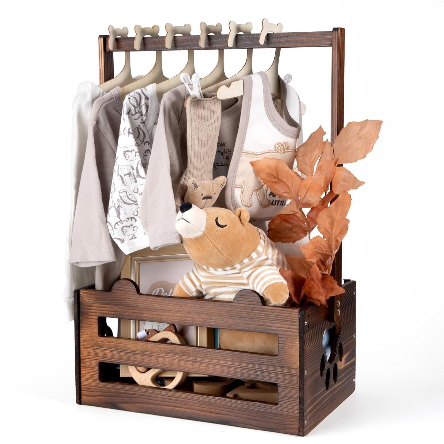 Wooden Baby Shower Crate Closet - DIY Nursery Storage Basket with Hanging Rack, Newborn Gift Hamper for Boys & Girls, Pregnancy Gift Idea for New Parents, 21"