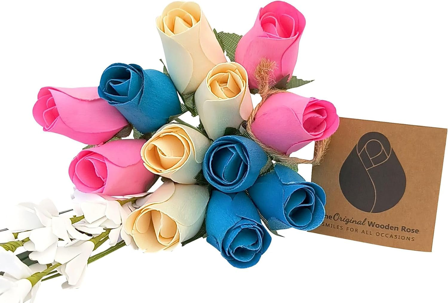 2 Dozen Gender Reveal Wooden Roses - Pink, Blue & White Closed Bud Bouquet, Everlasting Artificial Flowers for Baby Shower Decor & Centerpieces, Hand-Assembled