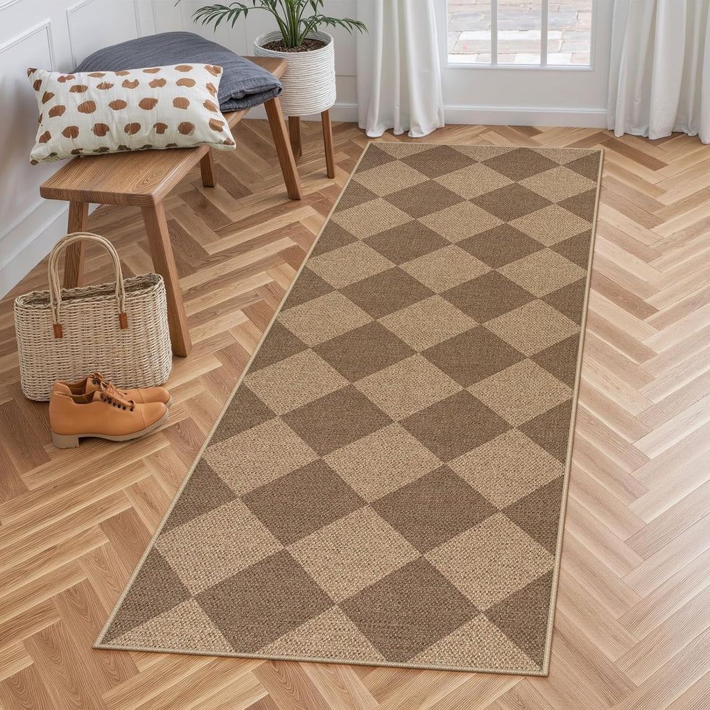 Checkered 2x6 Runner Rug - Washable Black Checkerboard Kitchen Mat, Non-Slip Indoor Outdoor Hallway Carpet, Low Pile Entryway Rug for Laundry & Mudroom