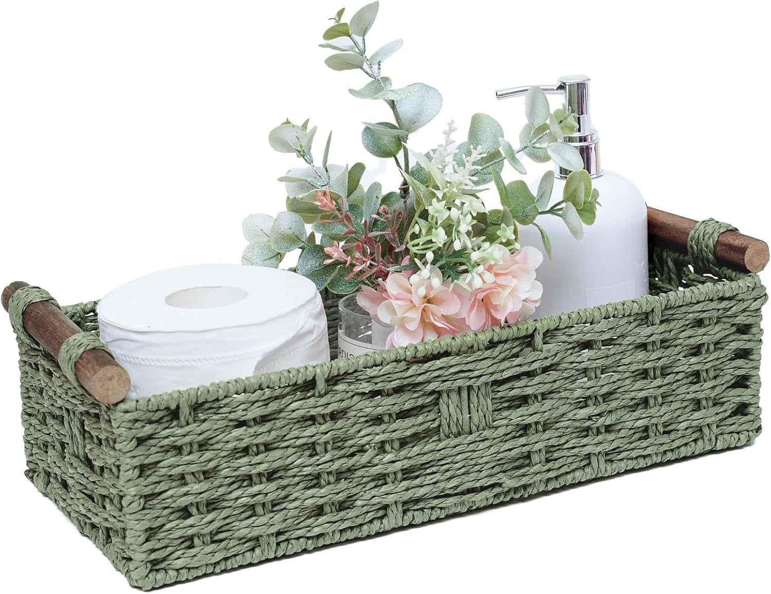 Handmade Round Paper Rope Storage Basket - Wicker Toilet Paper Holder for Tank Top, Decorative Green Woven Tray with Handles for Bathroom, Kitchen & Countertop