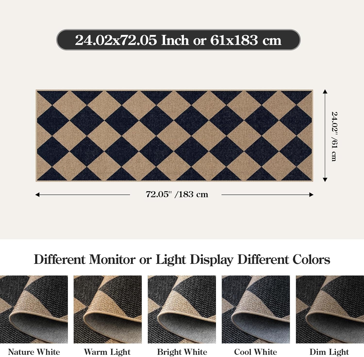 Checkered 2x6 Runner Rug - Washable Black Checkerboard Kitchen Mat, Non-Slip Indoor Outdoor Hallway Carpet, Low Pile Entryway Rug for Laundry & Mudroom