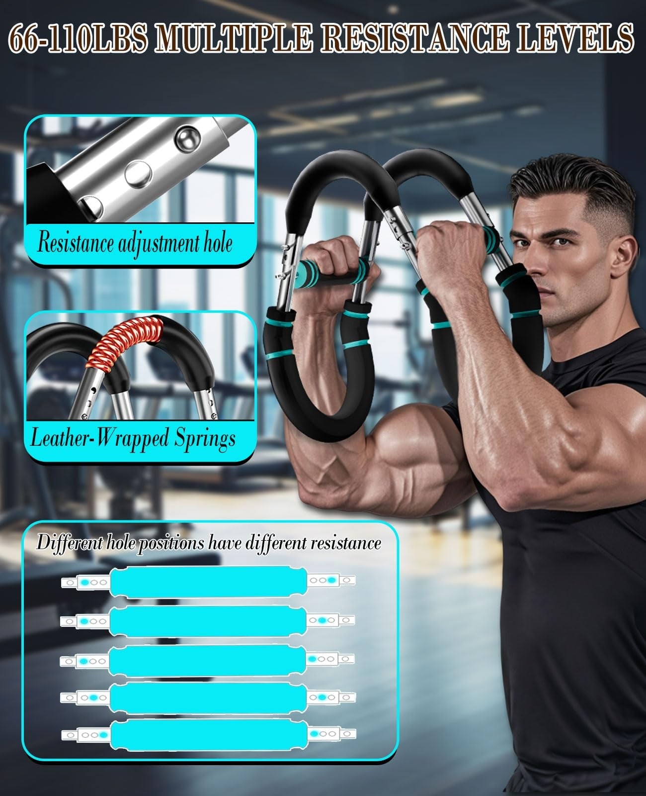 Adjustable Twister Arm Trainer - 9 Levels Chest Workout Equipment for Men, Upper Body Power Bar with Foam Wrist Sleeves, Portable Muscle Trainer for Home Gym