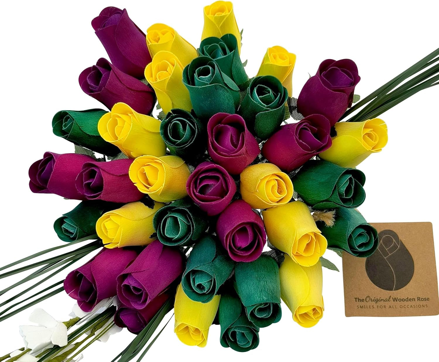 2 Dozen Gender Reveal Wooden Roses - Pink, Blue & White Closed Bud Bouquet, Everlasting Artificial Flowers for Baby Shower Decor & Centerpieces, Hand-Assembled