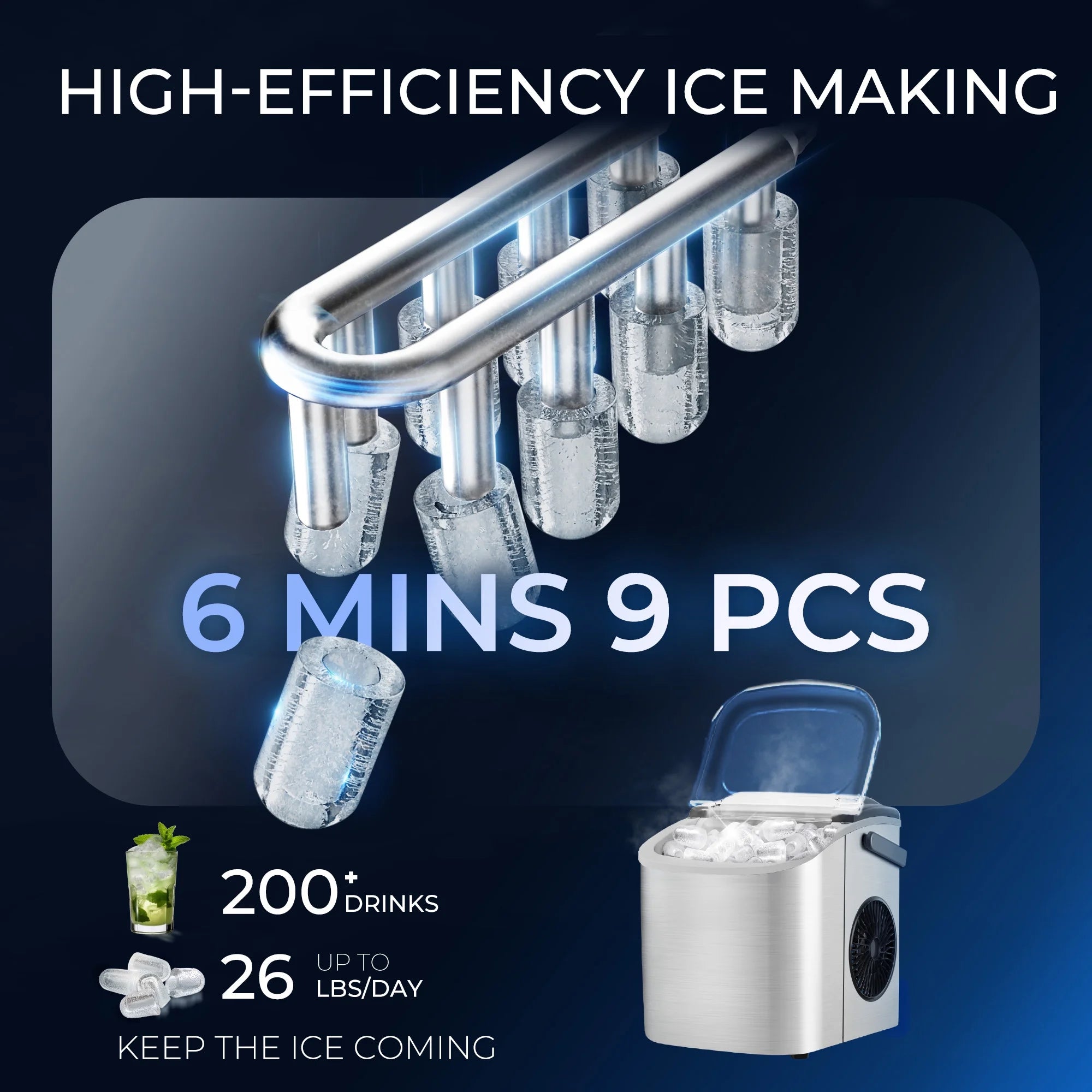 Countertop Ice Maker Machine – Portable Bullet Ice Maker with One-Button Operation, Auto-Cleaning & Quiet 6-Minute Ice Cycle