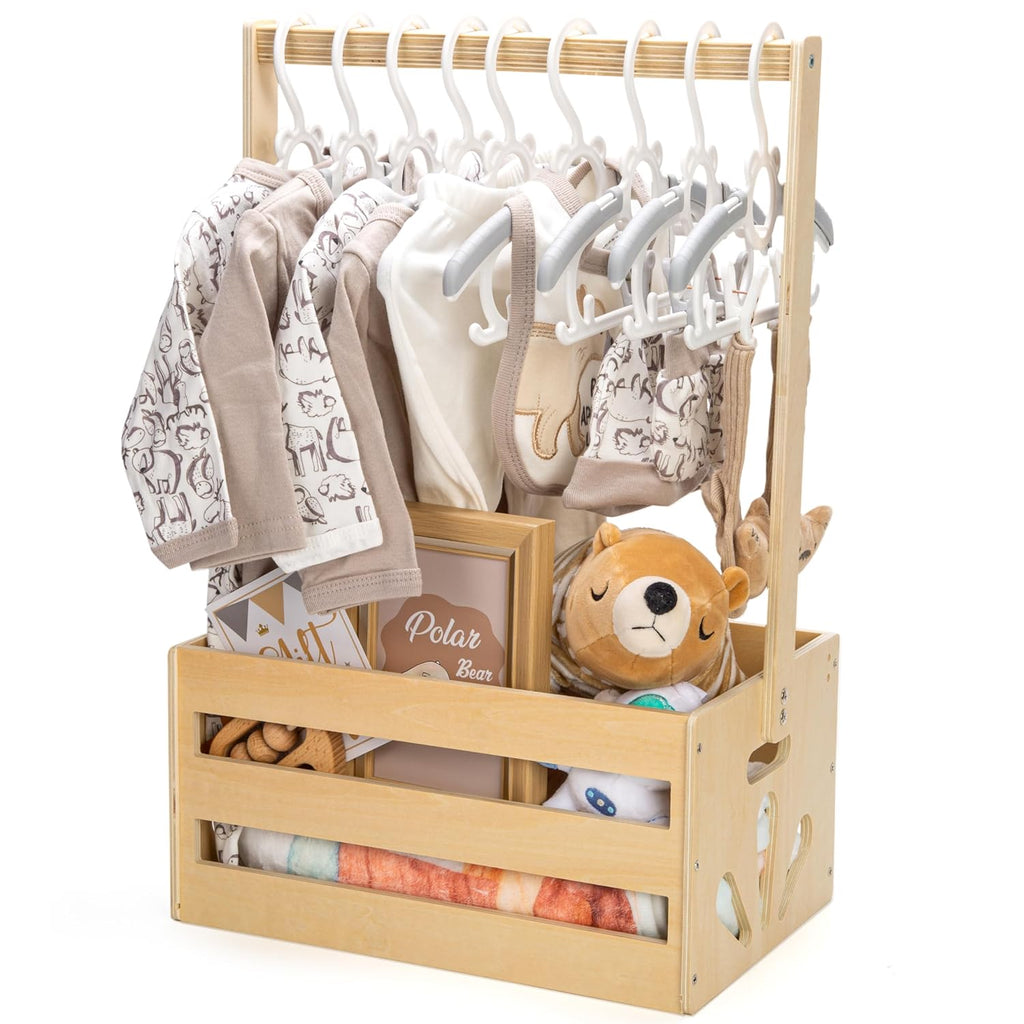 Wooden Baby Shower Crate Closet - DIY Nursery Storage Basket with Hanging Rack, Newborn Gift Hamper for Boys & Girls, Pregnancy Gift Idea for New Parents, 21"