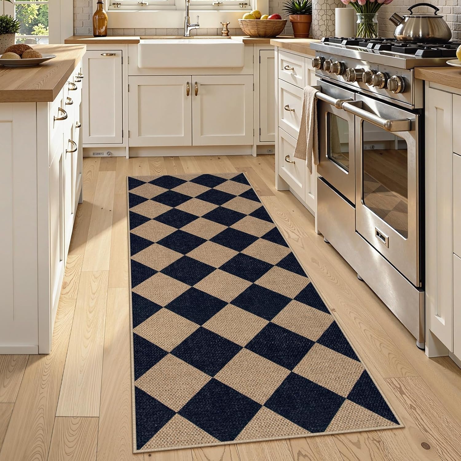 Checkered 2x6 Runner Rug - Washable Black Checkerboard Kitchen Mat, Non-Slip Indoor Outdoor Hallway Carpet, Low Pile Entryway Rug for Laundry & Mudroom