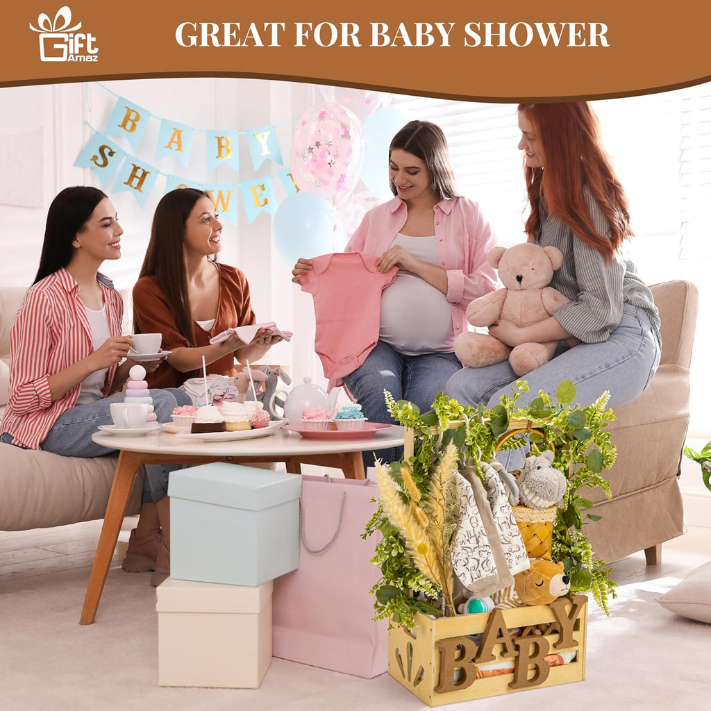 Wooden Baby Shower Crate Closet - DIY Nursery Storage Basket with Hanging Rack, Newborn Gift Hamper for Boys & Girls, Pregnancy Gift Idea for New Parents, 21"