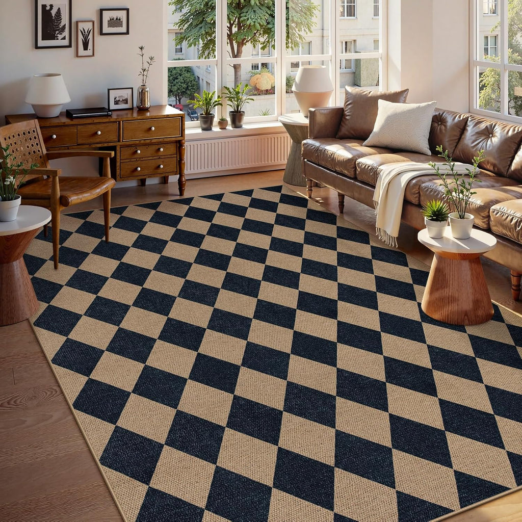 Checkered 2x6 Runner Rug - Washable Black Checkerboard Kitchen Mat, Non-Slip Indoor Outdoor Hallway Carpet, Low Pile Entryway Rug for Laundry & Mudroom