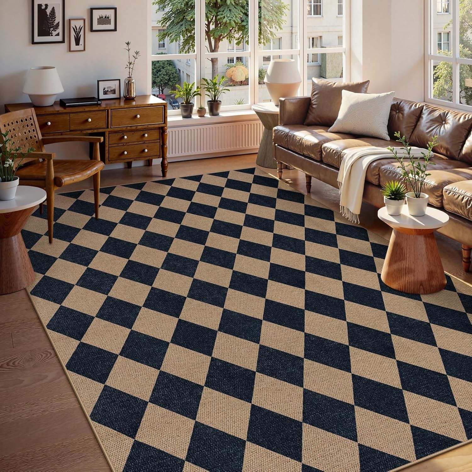 Checkered 2x6 Runner Rug - Washable Black Checkerboard Kitchen Mat, Non-Slip Indoor Outdoor Hallway Carpet, Low Pile Entryway Rug for Laundry & Mudroom