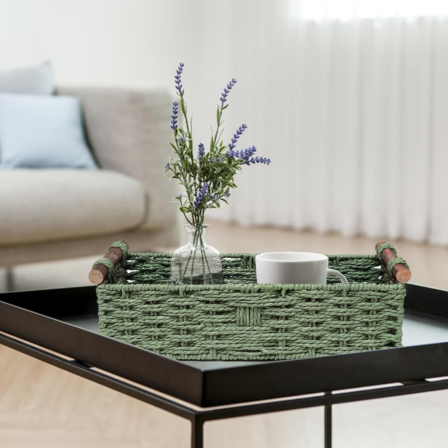 Handmade Round Paper Rope Storage Basket - Wicker Toilet Paper Holder for Tank Top, Decorative Green Woven Tray with Handles for Bathroom, Kitchen & Countertop