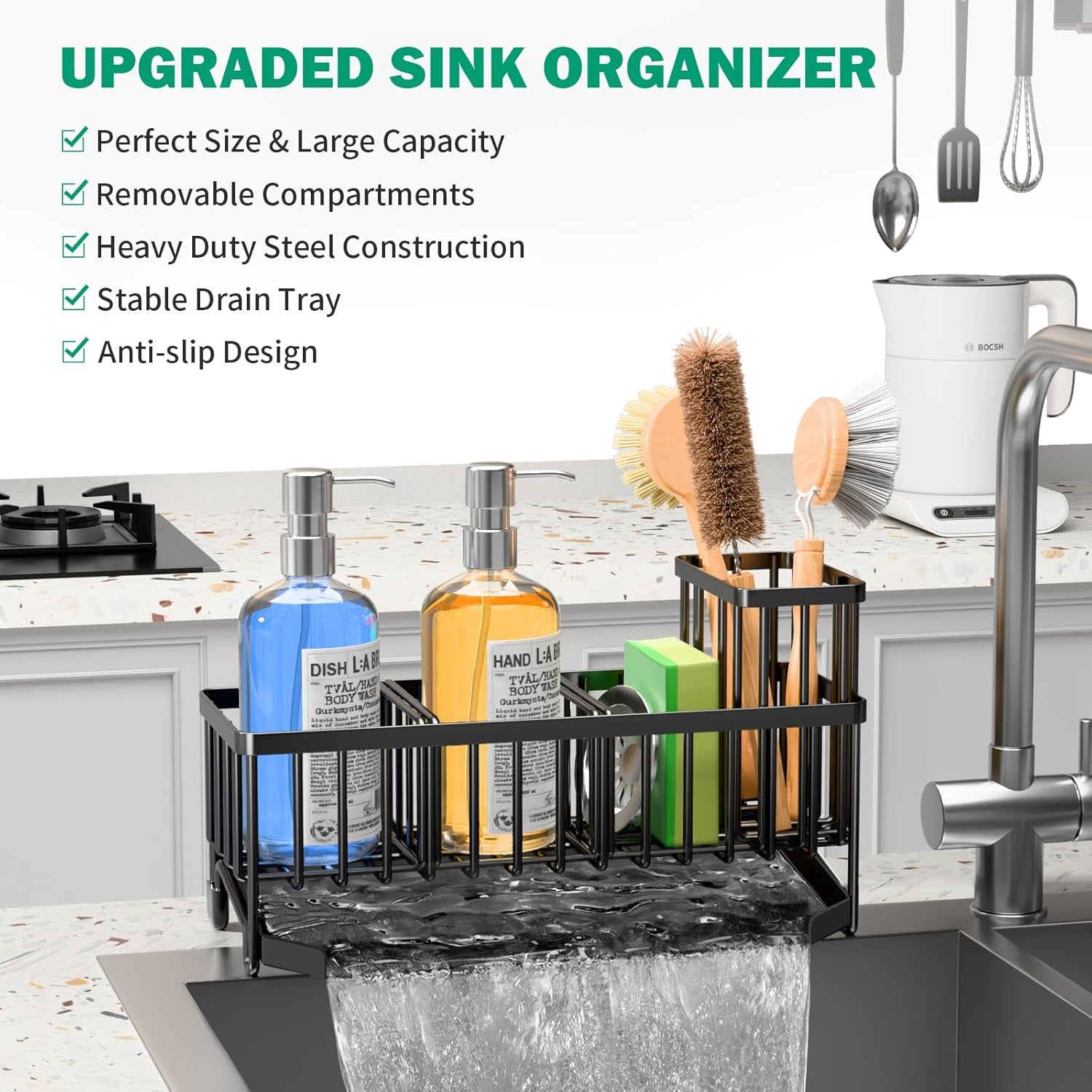 Extra Large 11” Sink Caddy with Drain Tray, Non-Slip Kitchen Sink Organizer with Adjustable Dividers & Tall Brush Holder, Rustproof Sponge & Soap Storage