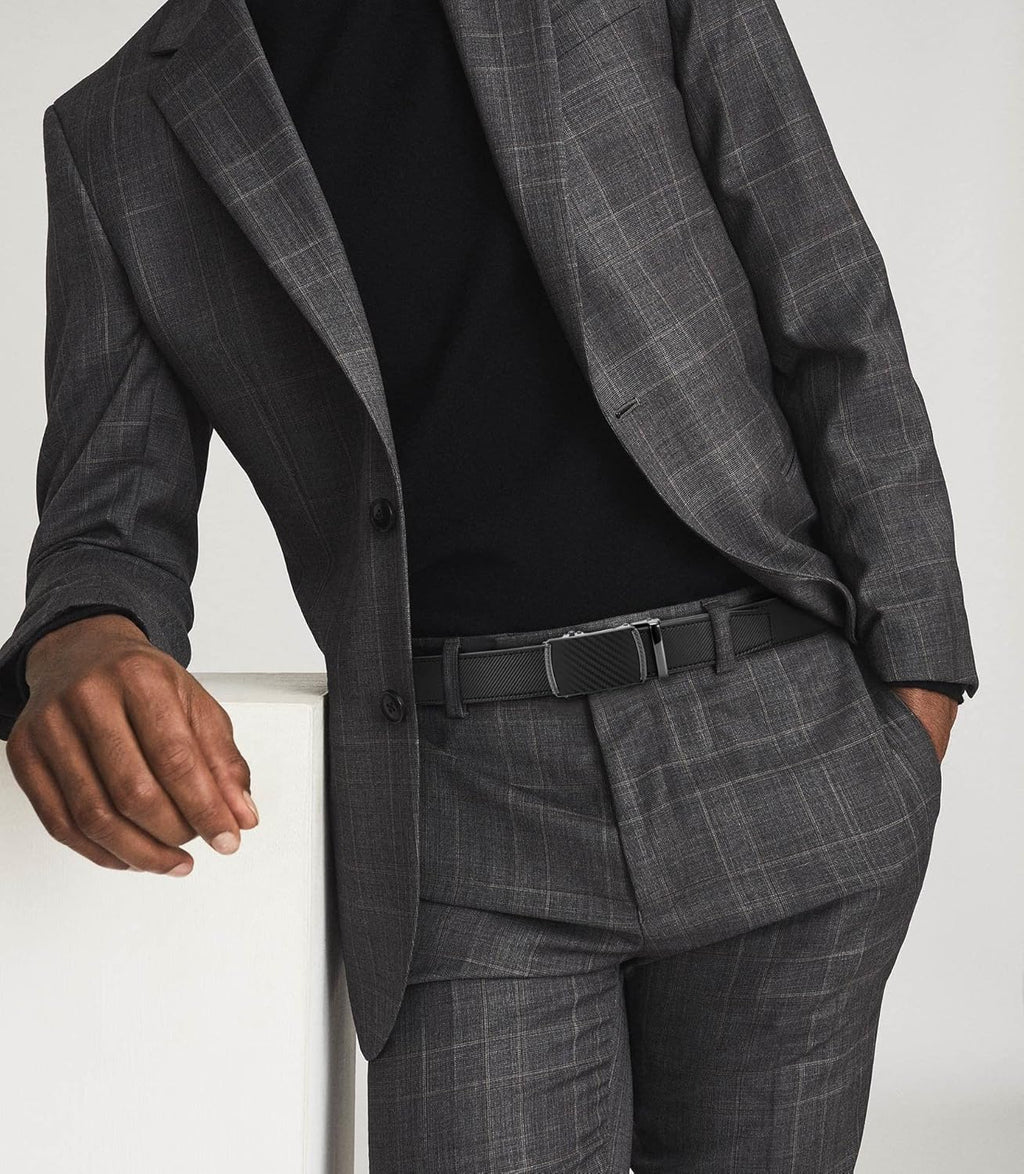 Men’s Leather Ratchet Belt 35mm, Adjustable Trim-to-Fit Waist Belt with Automatic Buckle, Micro-Adjust Comfort for Dress, Jeans & Casual Wear