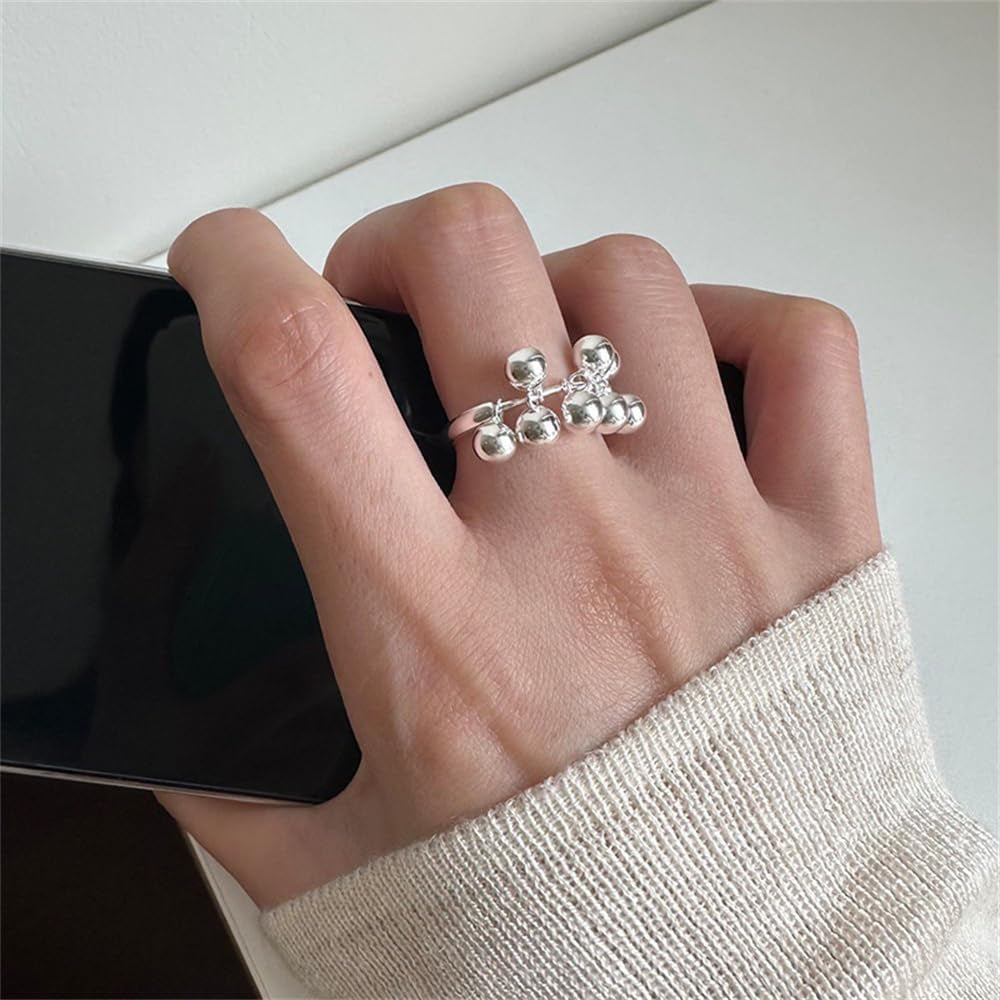 Dainty Dangling Beaded Ball Open Ring for Women, Adjustable Silver Tassel Finger Ring with Swinging Beads, Minimalist Jewelry Gift for Birthday