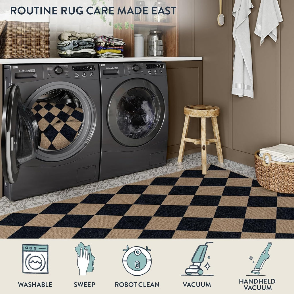 Checkered 2x6 Runner Rug - Washable Black Checkerboard Kitchen Mat, Non-Slip Indoor Outdoor Hallway Carpet, Low Pile Entryway Rug for Laundry & Mudroom