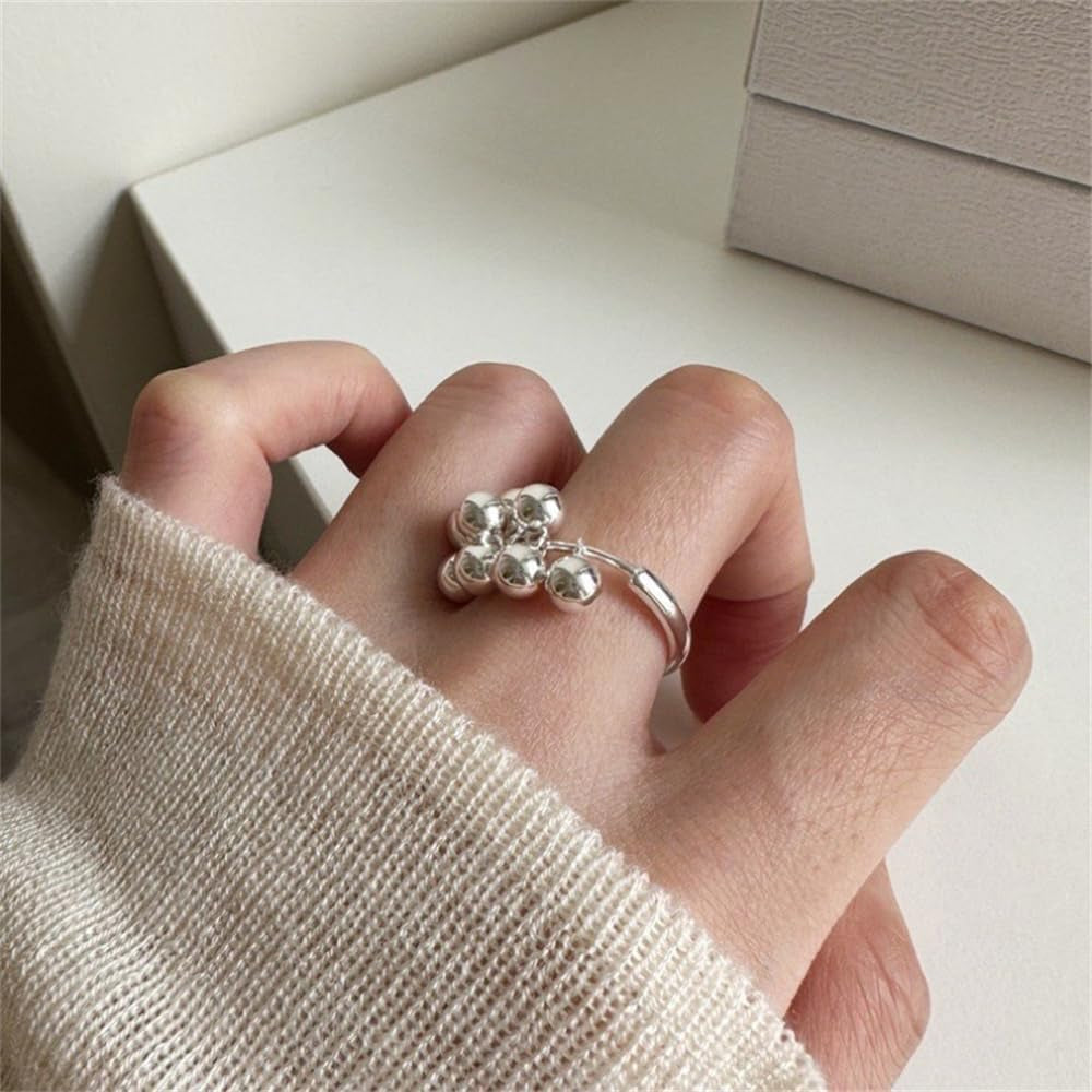Dainty Dangling Beaded Ball Open Ring for Women, Adjustable Silver Tassel Finger Ring with Swinging Beads, Minimalist Jewelry Gift for Birthday