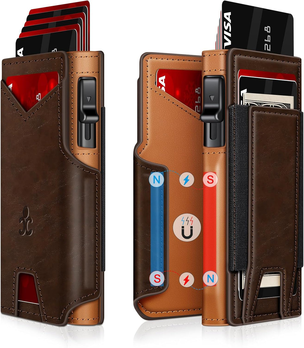 Men’s Slim Pop Up Wallet - RFID Blocking Minimalist Smart Wallet with ID Window, Metal Card Holder Case for 9-13 Cards, Expandable Cash Slot & Magnetic Bifold