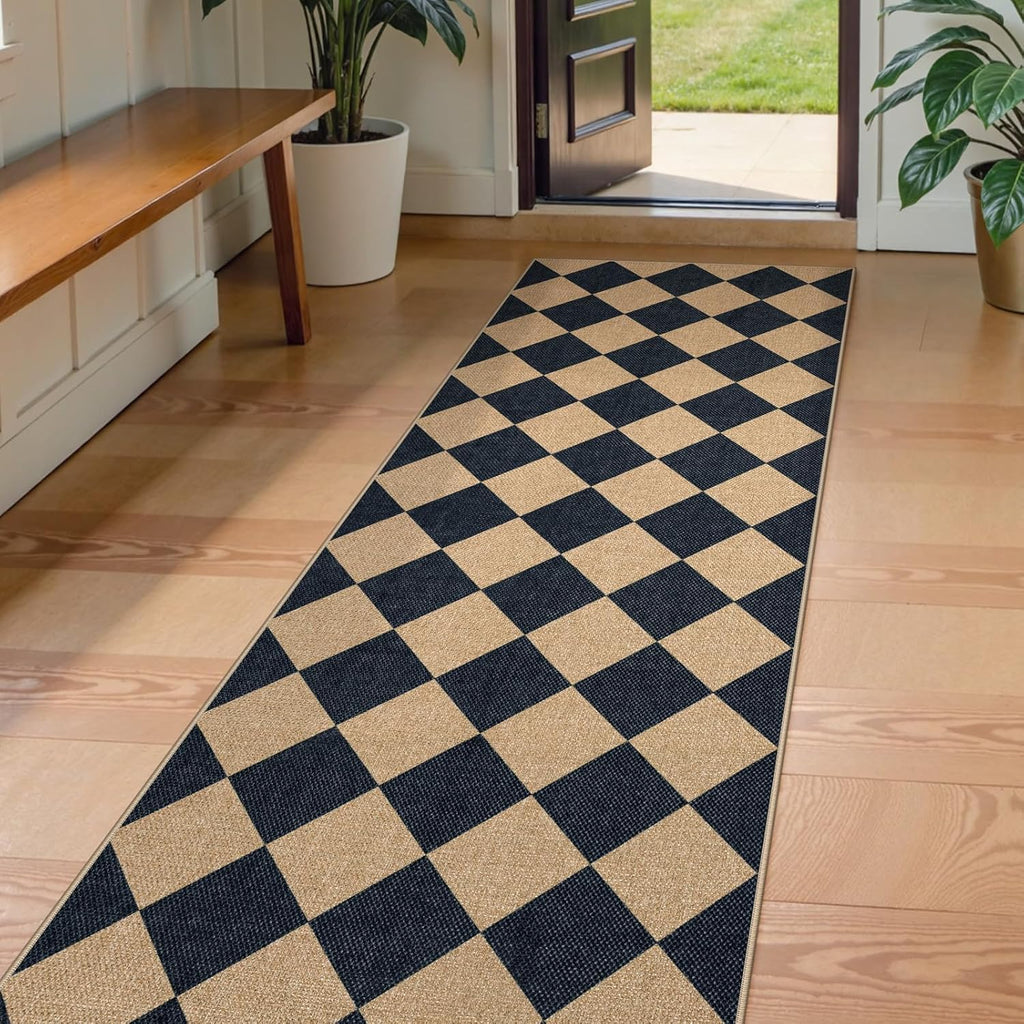 Checkered 2x6 Runner Rug - Washable Black Checkerboard Kitchen Mat, Non-Slip Indoor Outdoor Hallway Carpet, Low Pile Entryway Rug for Laundry & Mudroom