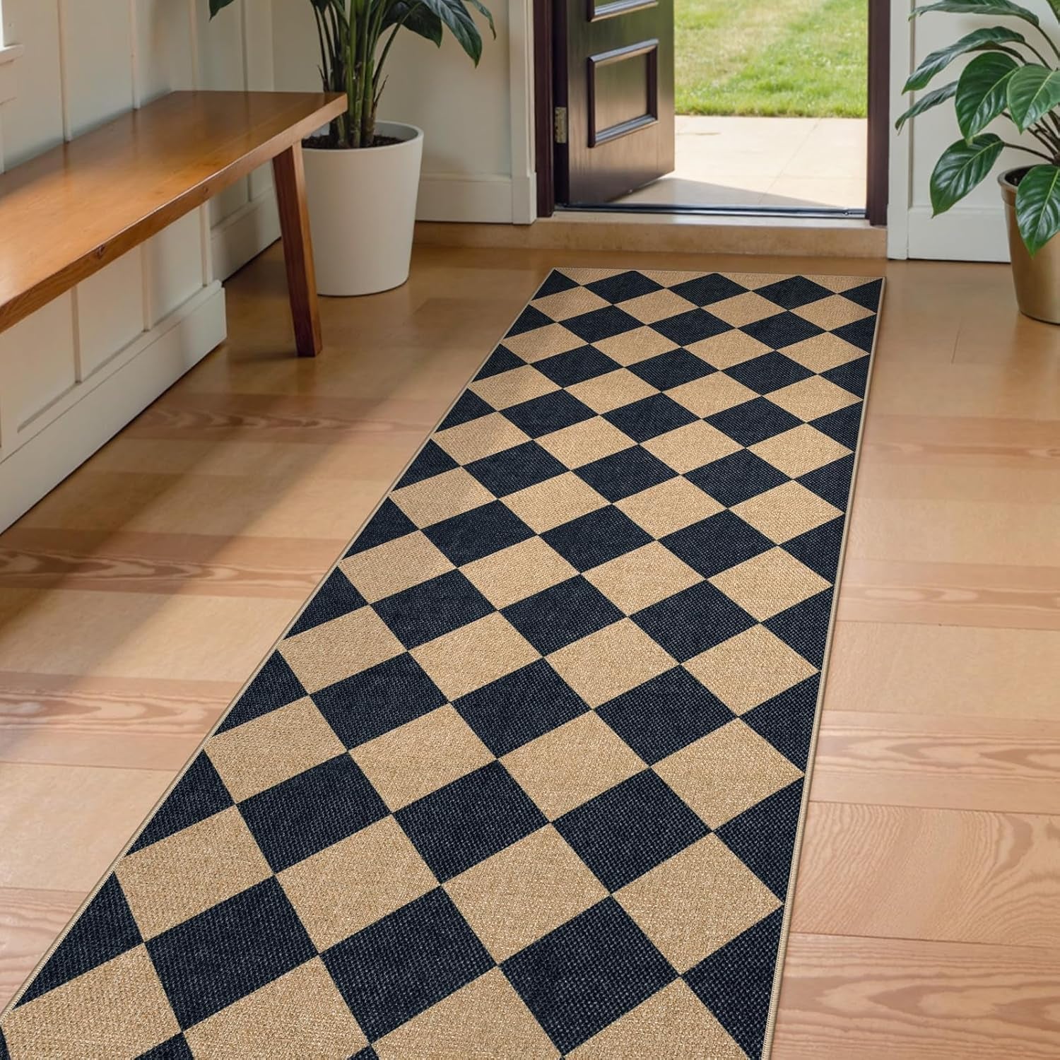 Checkered 2x6 Runner Rug - Washable Black Checkerboard Kitchen Mat, Non-Slip Indoor Outdoor Hallway Carpet, Low Pile Entryway Rug for Laundry & Mudroom