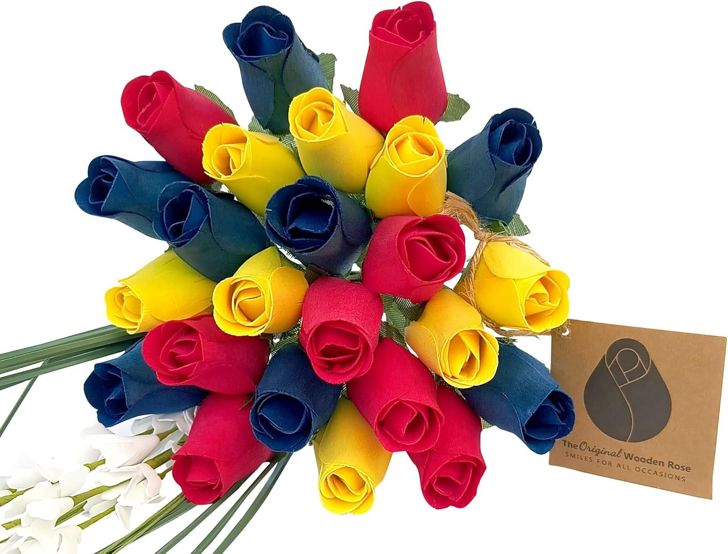 2 Dozen Gender Reveal Wooden Roses - Pink, Blue & White Closed Bud Bouquet, Everlasting Artificial Flowers for Baby Shower Decor & Centerpieces, Hand-Assembled