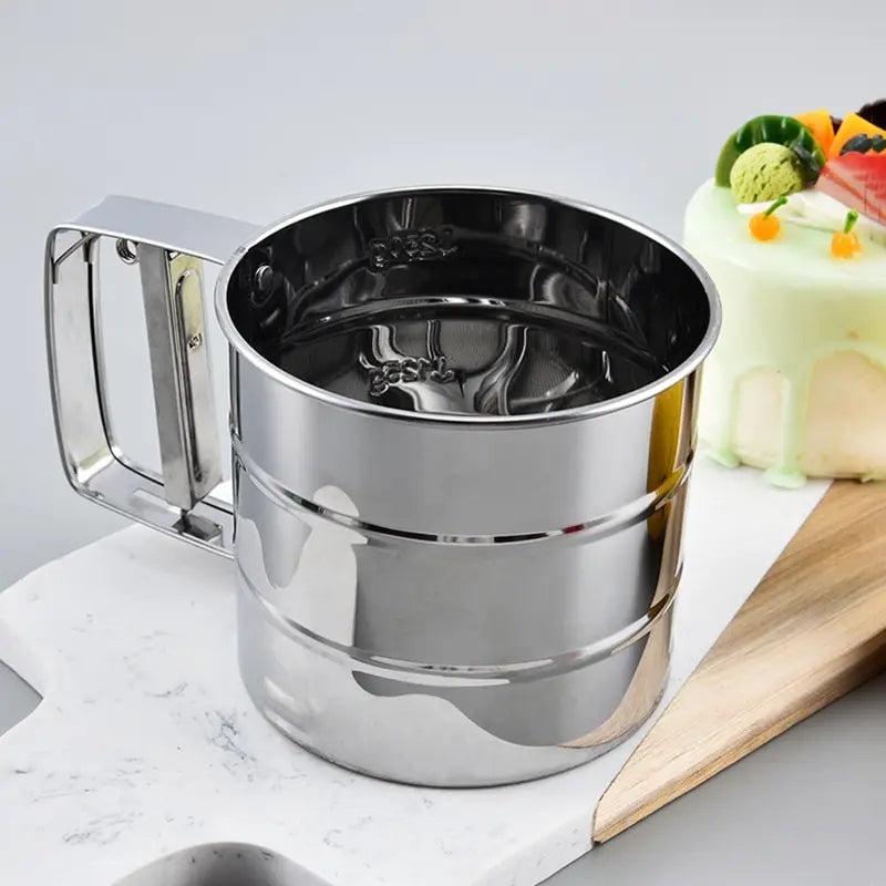 Stainless Steel Flour Sifter for Baking – Fine Mesh Powder Sugar Shaker with Hand Press Design | Professional Kitchen Tool for Smooth, Lump-Free Flour