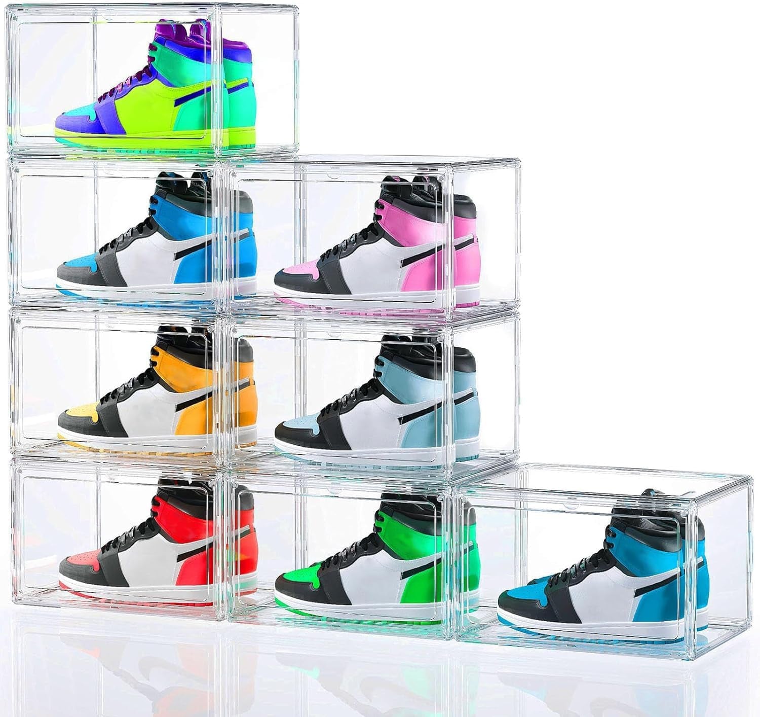 Stackable Acrylic Shoe Display Case - Clear Sneaker Storage Box with Magnetic Door, Fits Size 14 High Tops & Heels, 360° View Dustproof Closet Organizer (1-Pack)