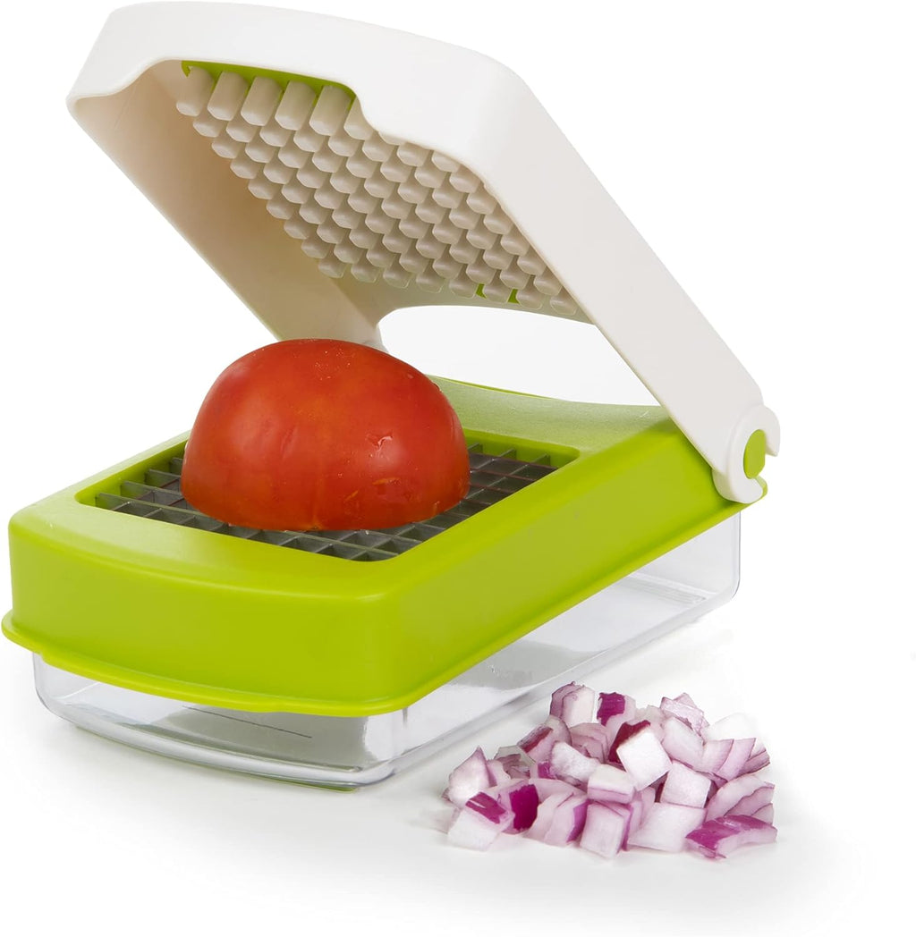 PrepWorks Compact Veggie Chopper - Manual Vegetable Dicer with Stainless Steel Blades, 2-Cup Measuring Container & Non-Skid Base, BPA-Free Kitchen Slicer, Green