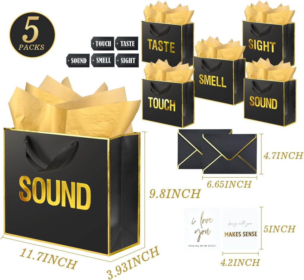 Large 5 Senses Gift Bag Set - Gold Foil Black Gift Boxes with Labels, Cards & Tissue Paper, Romantic Anniversary & Birthday Gift Idea for Him or Her, 12x10x4"