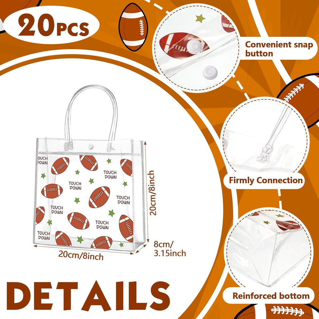 20 Pcs Football Party Treat Bags with Handles, Clear PVC Snack Bags for Kids Birthday, Sports Favors, Team Parties, Goodie Bags 8x8x3.15''