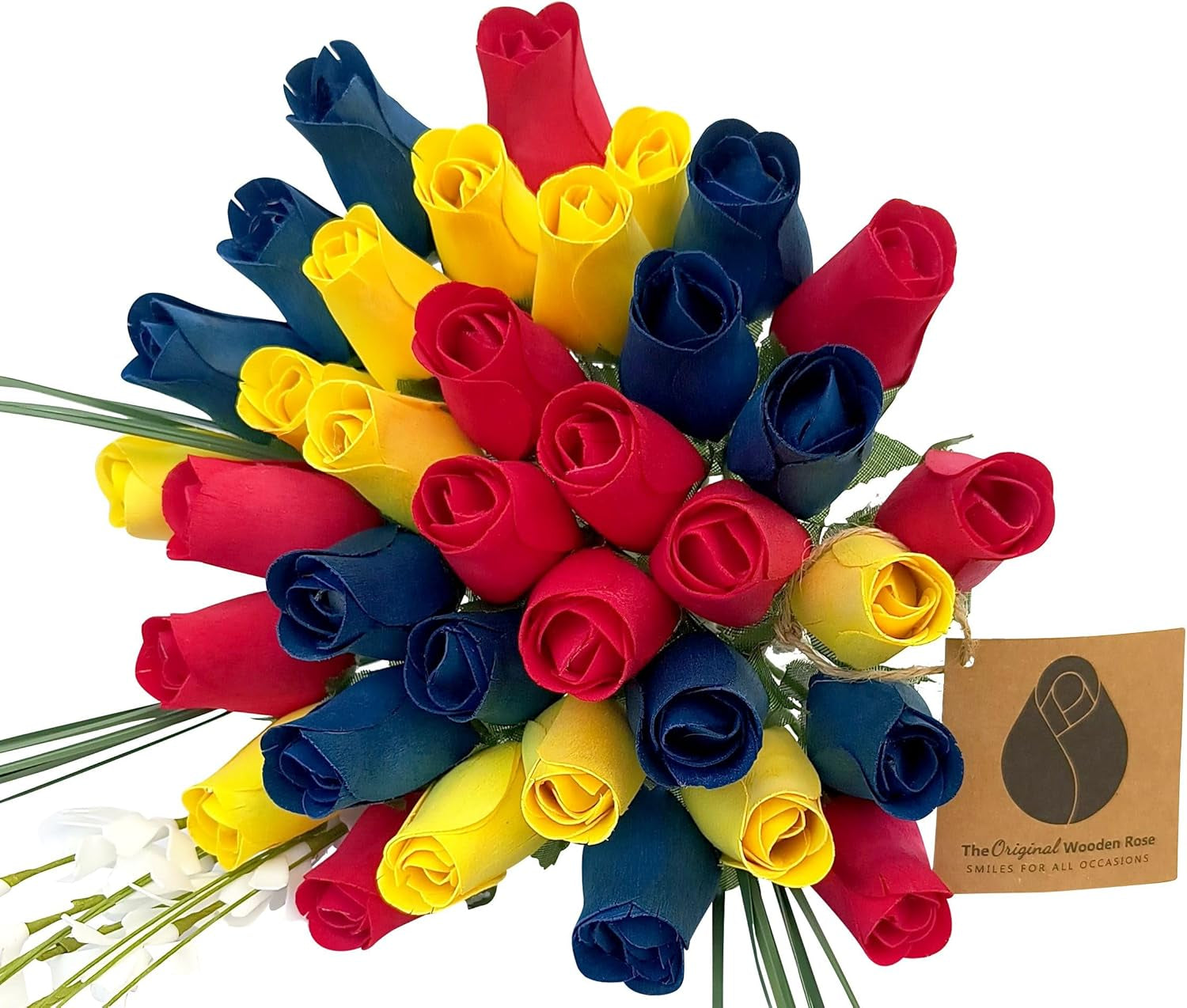 2 Dozen Gender Reveal Wooden Roses - Pink, Blue & White Closed Bud Bouquet, Everlasting Artificial Flowers for Baby Shower Decor & Centerpieces, Hand-Assembled