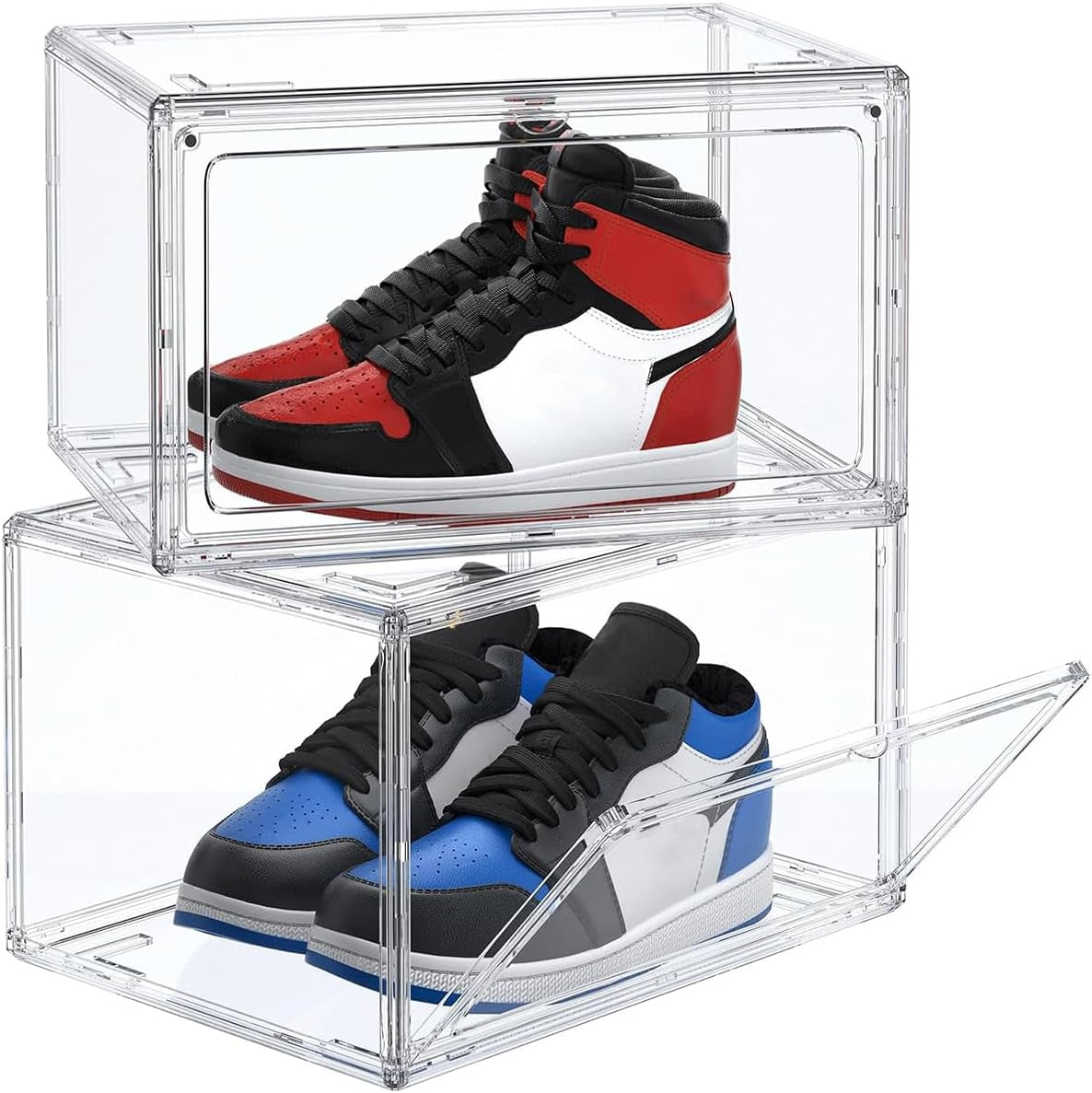 Stackable Acrylic Shoe Display Case - Clear Sneaker Storage Box with Magnetic Door, Fits Size 14 High Tops & Heels, 360° View Dustproof Closet Organizer (1-Pack)