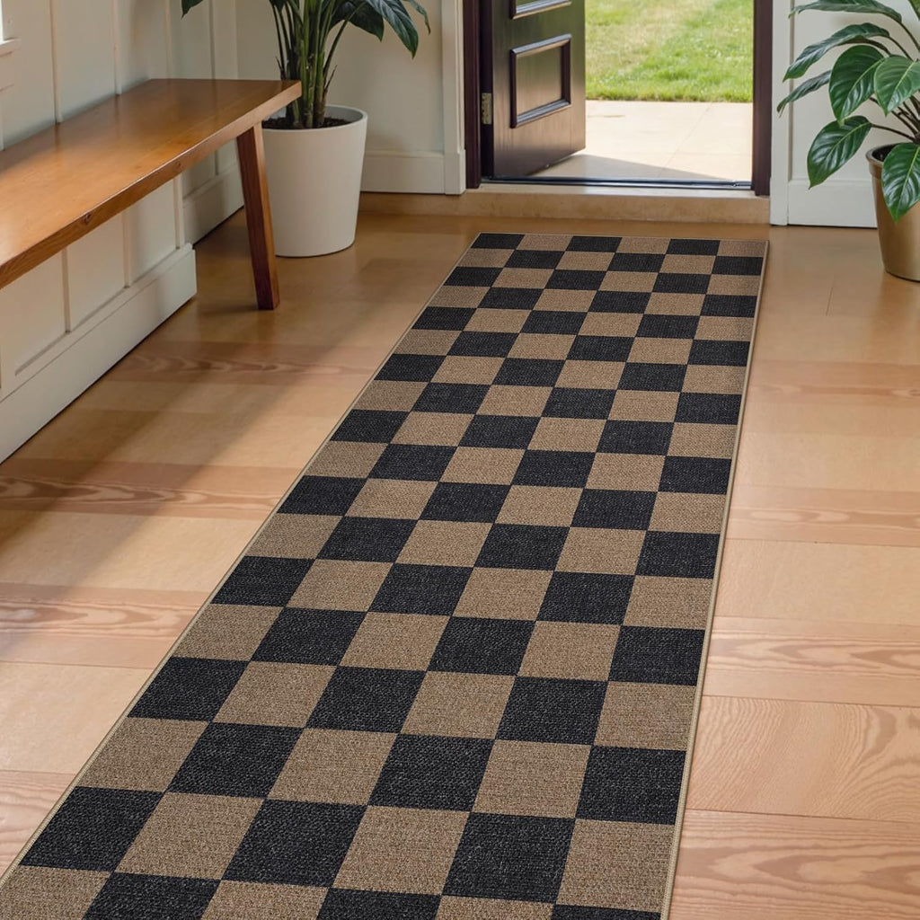 Checkered 2x6 Runner Rug - Washable Black Checkerboard Kitchen Mat, Non-Slip Indoor Outdoor Hallway Carpet, Low Pile Entryway Rug for Laundry & Mudroom