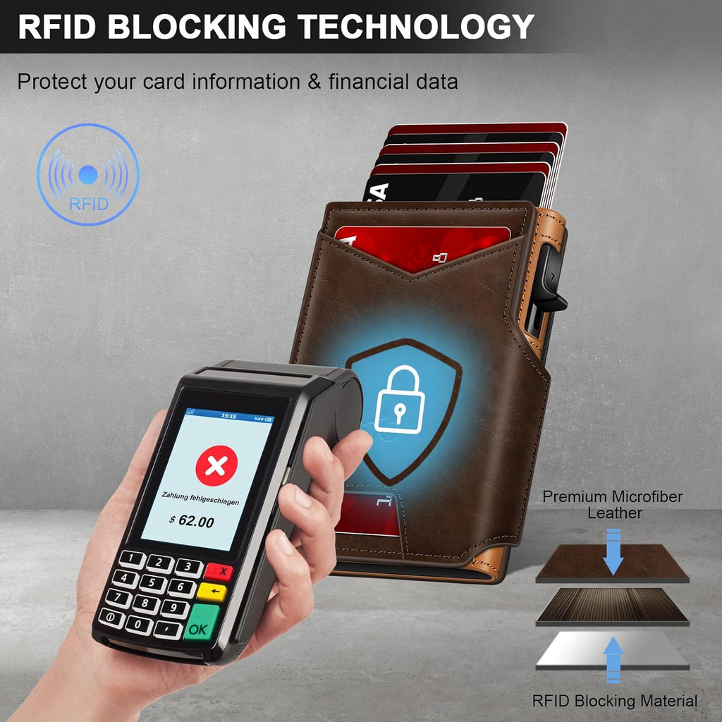 Men’s Slim Pop Up Wallet - RFID Blocking Minimalist Smart Wallet with ID Window, Metal Card Holder Case for 9-13 Cards, Expandable Cash Slot & Magnetic Bifold