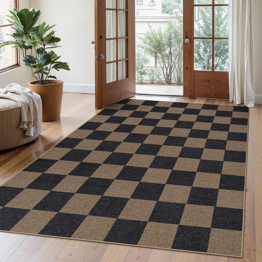 Checkered 2x6 Runner Rug - Washable Black Checkerboard Kitchen Mat, Non-Slip Indoor Outdoor Hallway Carpet, Low Pile Entryway Rug for Laundry & Mudroom