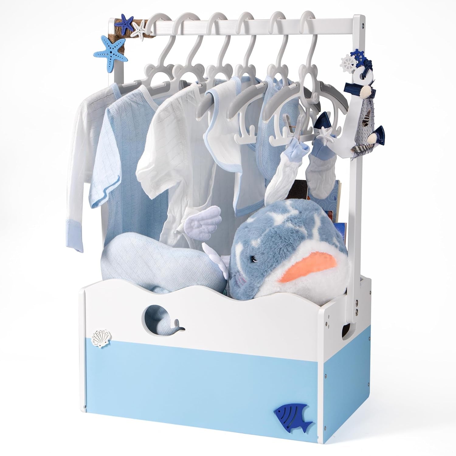 Wooden Baby Shower Crate Closet - DIY Nursery Storage Basket with Hanging Rack, Newborn Gift Hamper for Boys & Girls, Pregnancy Gift Idea for New Parents, 21"