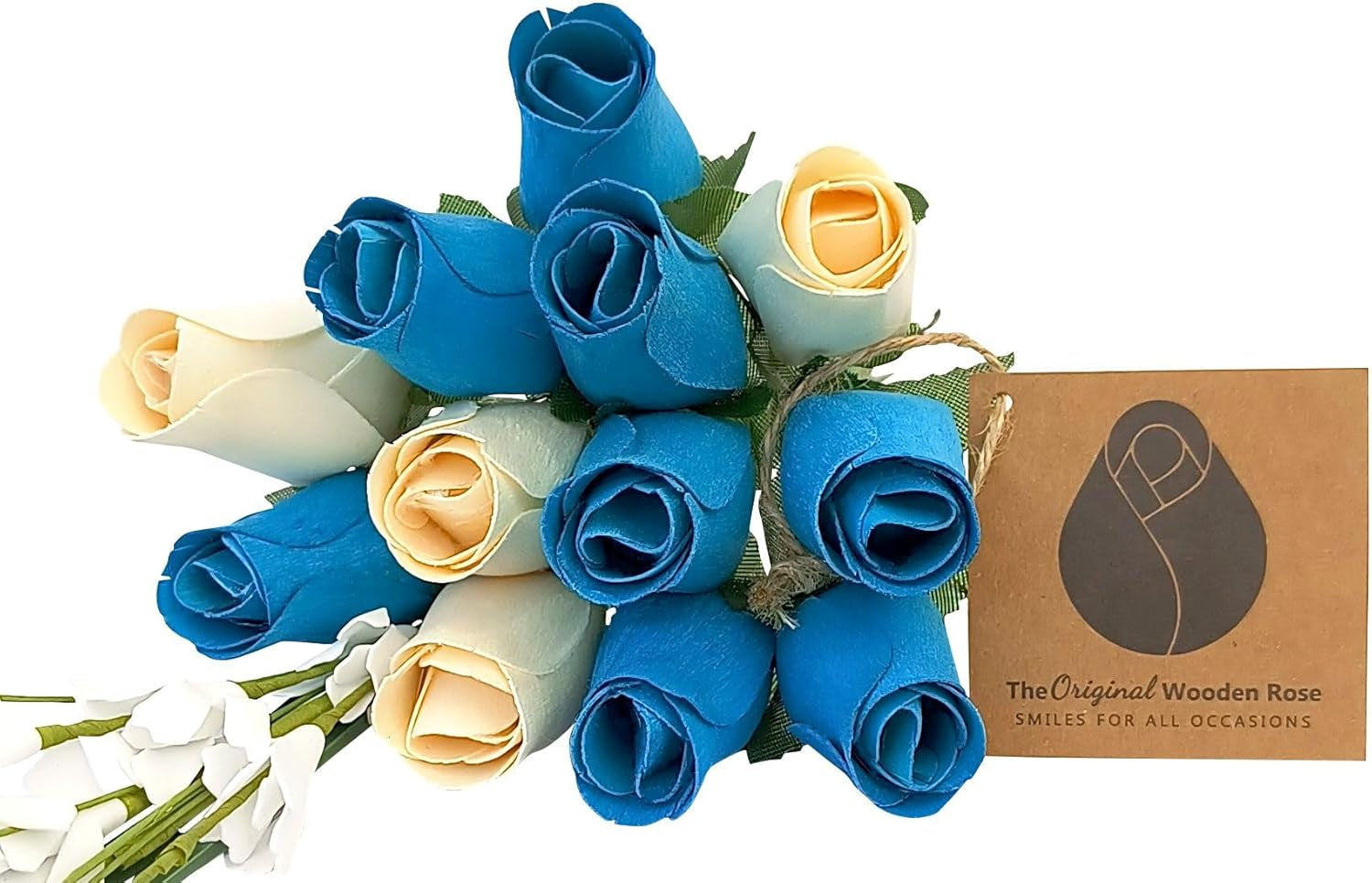 2 Dozen Gender Reveal Wooden Roses - Pink, Blue & White Closed Bud Bouquet, Everlasting Artificial Flowers for Baby Shower Decor & Centerpieces, Hand-Assembled