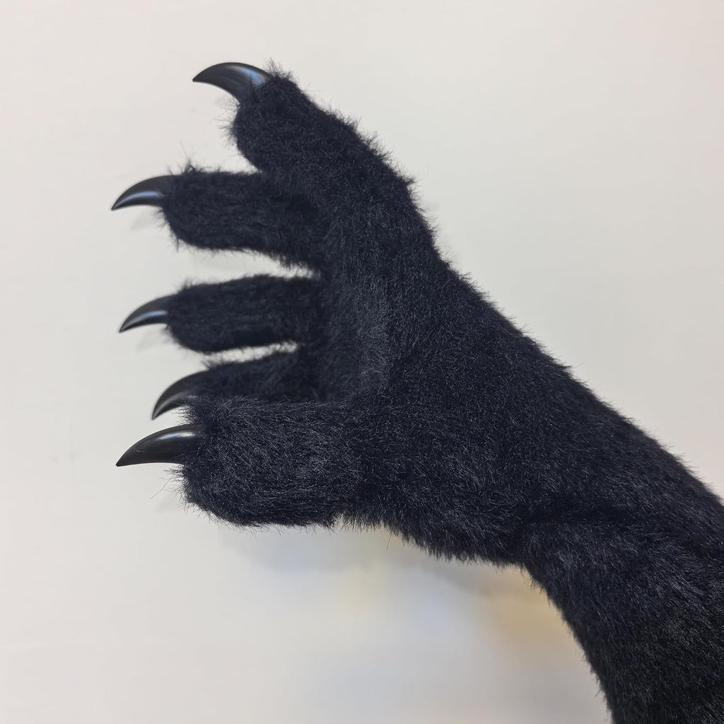 Kigurumi Fursuit Paws, Black Cosplay Costume Gloves with White Claws, Soft Plush Paw Gloves for Anime, Cosplay, Halloween, Party, Roleplay