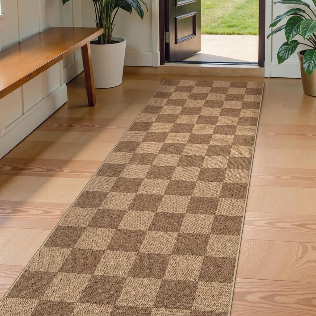 Checkered 2x6 Runner Rug - Washable Black Checkerboard Kitchen Mat, Non-Slip Indoor Outdoor Hallway Carpet, Low Pile Entryway Rug for Laundry & Mudroom