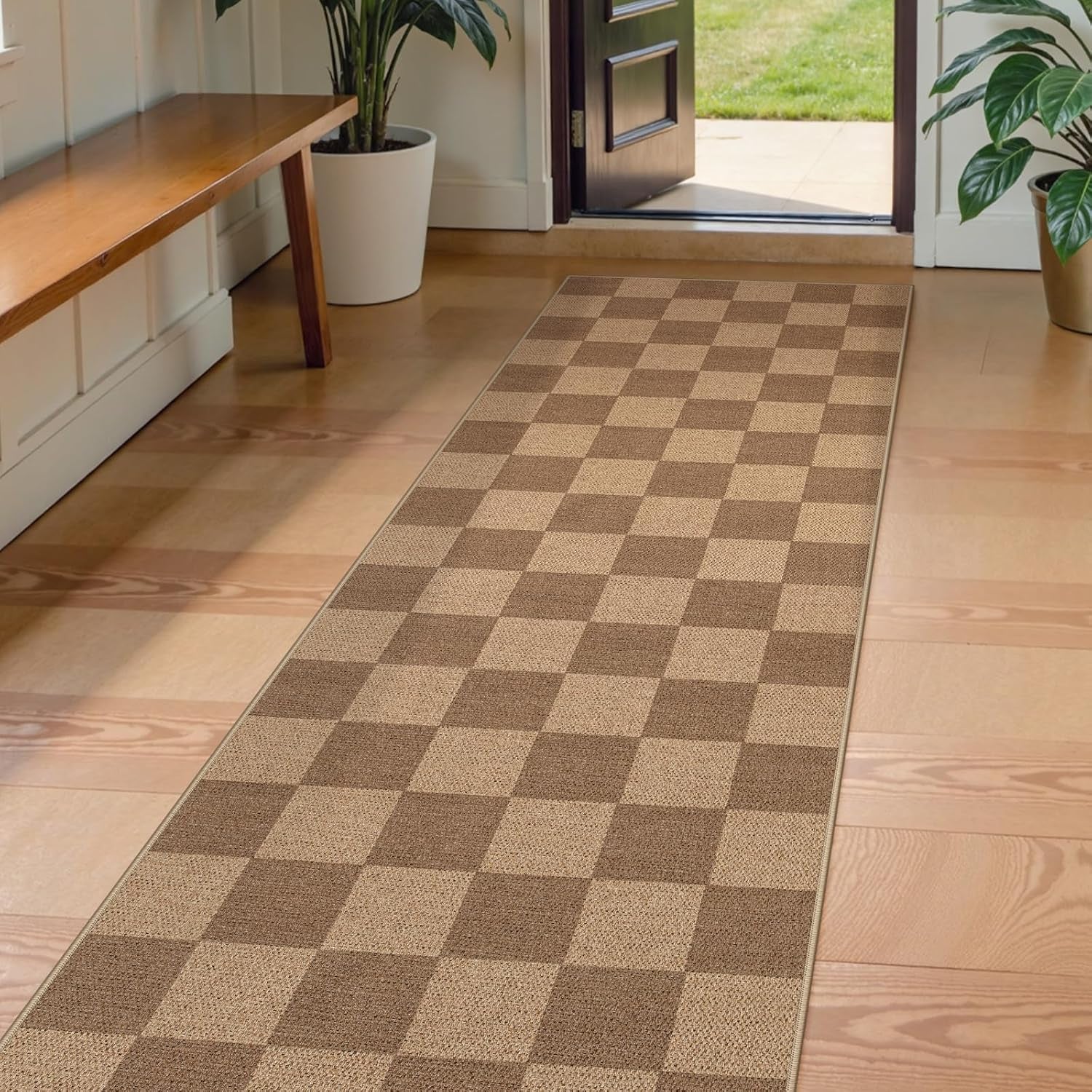 Checkered 2x6 Runner Rug - Washable Black Checkerboard Kitchen Mat, Non-Slip Indoor Outdoor Hallway Carpet, Low Pile Entryway Rug for Laundry & Mudroom