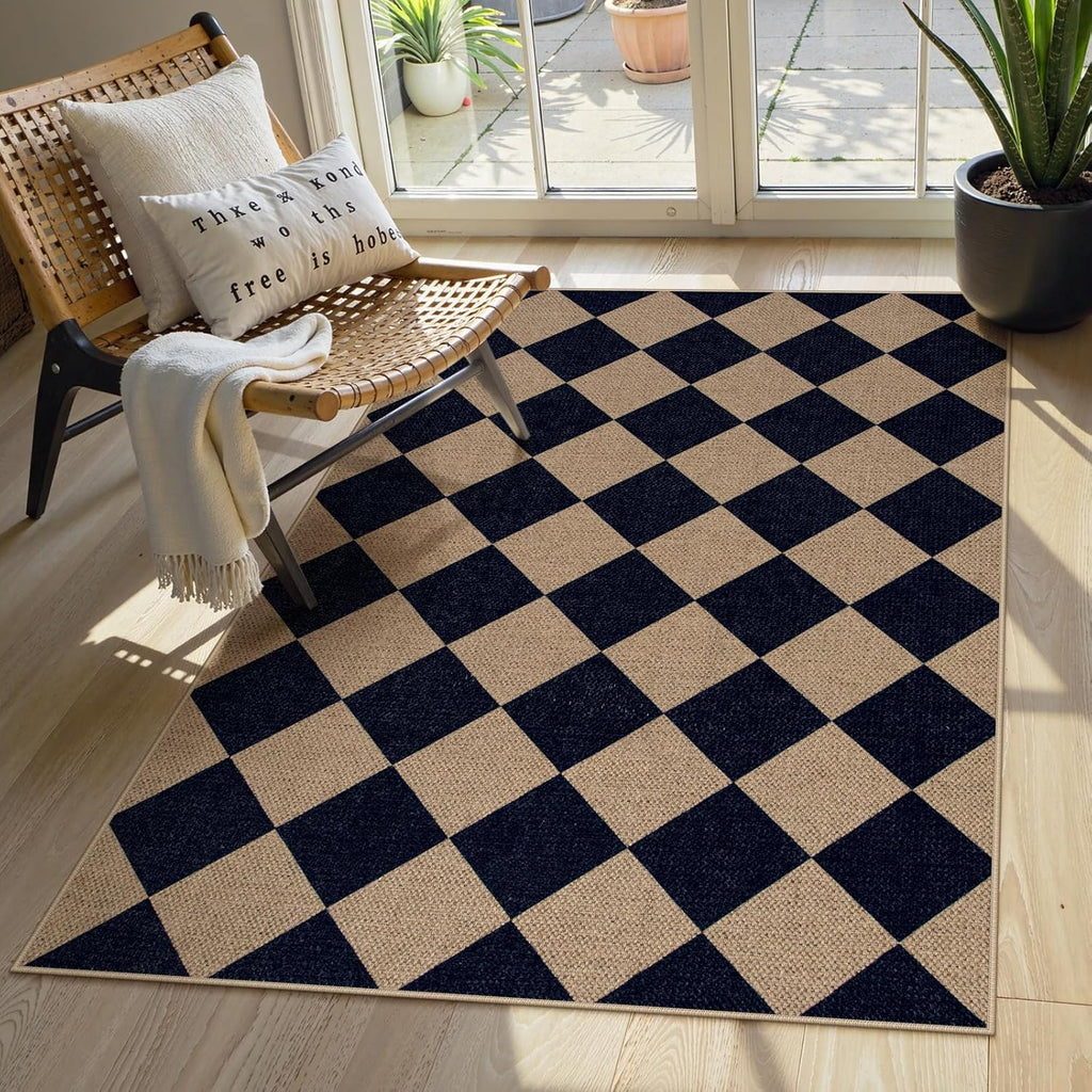 Checkered 2x6 Runner Rug - Washable Black Checkerboard Kitchen Mat, Non-Slip Indoor Outdoor Hallway Carpet, Low Pile Entryway Rug for Laundry & Mudroom