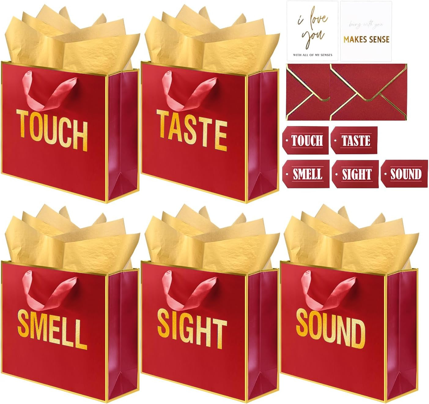Large 5 Senses Gift Bag Set - Gold Foil Black Gift Boxes with Labels, Cards & Tissue Paper, Romantic Anniversary & Birthday Gift Idea for Him or Her, 12x10x4"