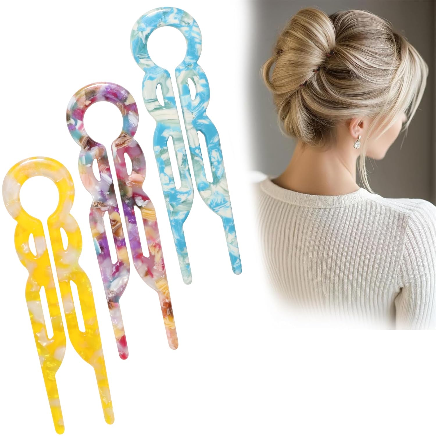 Prestige French Hair Pins Set of 3, Elegant Acetate Hair Clips for Women, Non-Slip Updo Hair Accessories for Thin Thick Hair, Everyday & Special Occasions