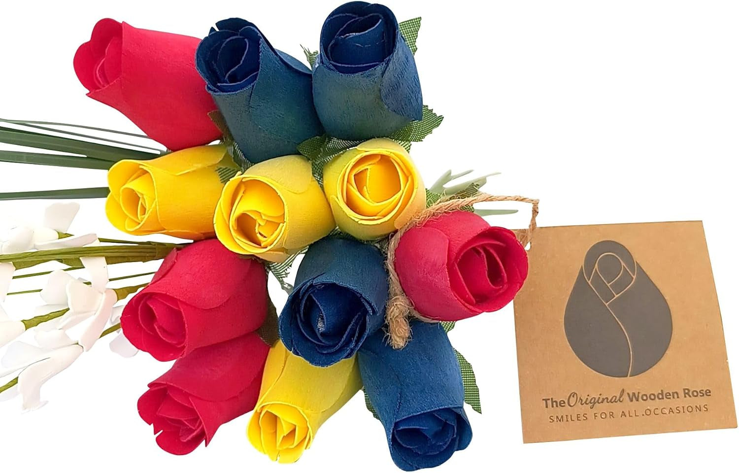 2 Dozen Gender Reveal Wooden Roses - Pink, Blue & White Closed Bud Bouquet, Everlasting Artificial Flowers for Baby Shower Decor & Centerpieces, Hand-Assembled